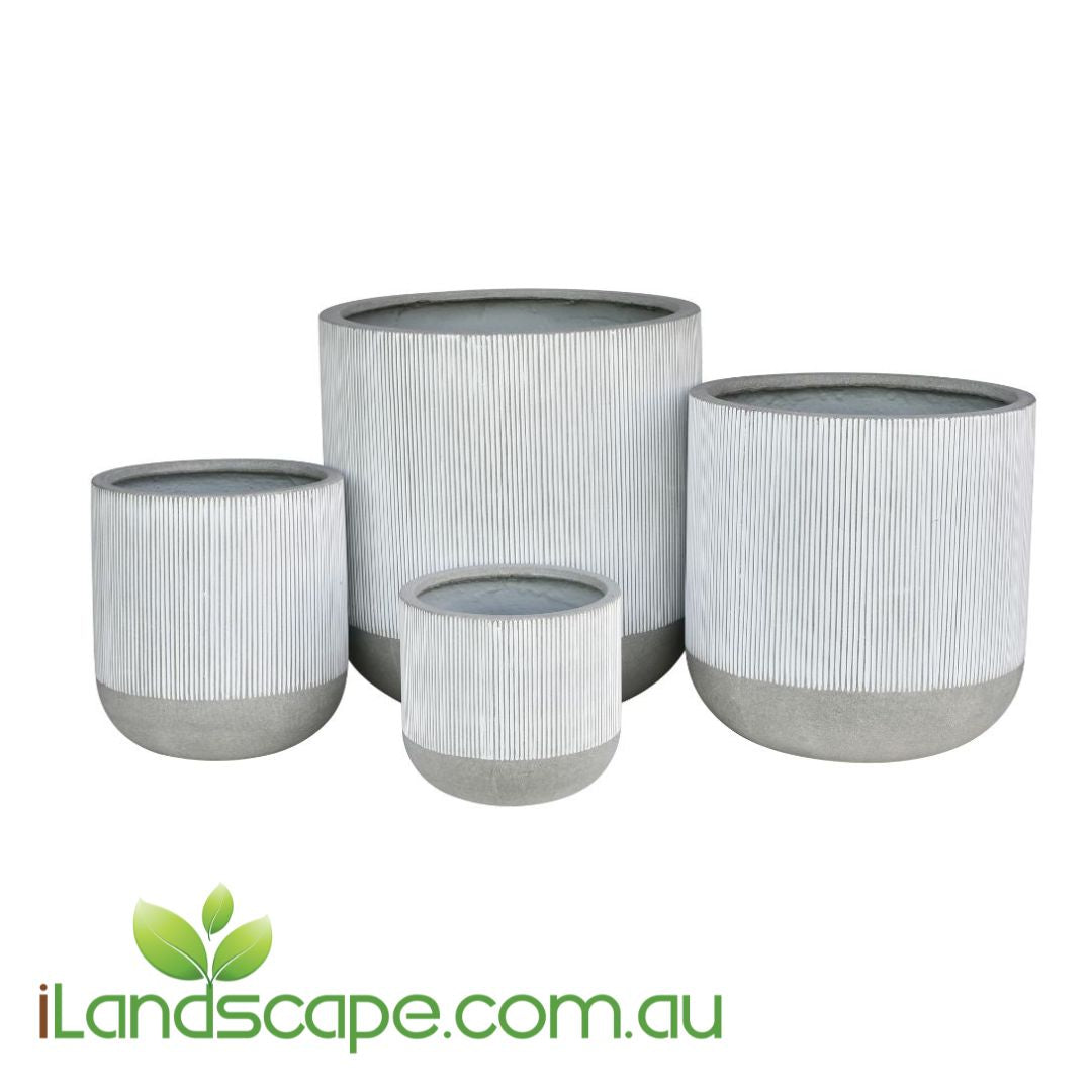Set of four gray and white striped planters with a visible brand logo on a white background.