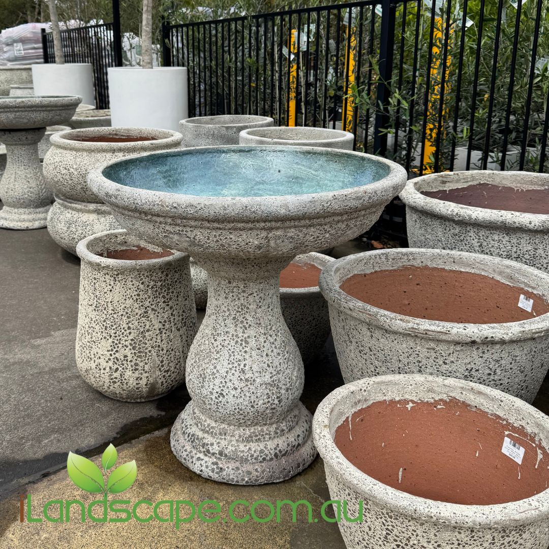 Ancient Bird Bath with textured stone-look finish and classic pedestal design