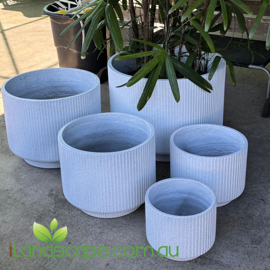 Set of white ribbed planters with a plant on a concrete surface, featuring the brand 'Landscape.com.au'.