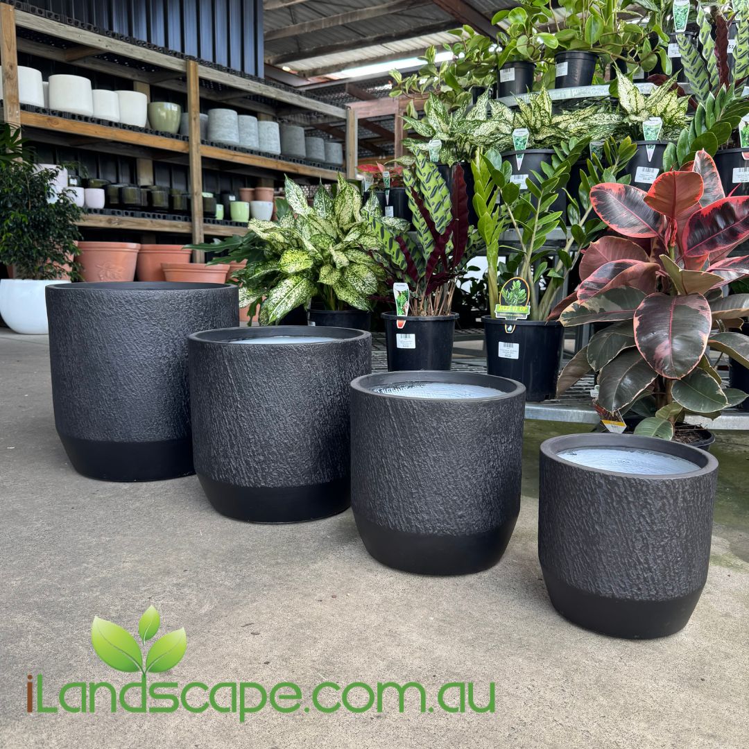Set of black textured planters on a concrete floor with plants and pots in the background, featuring the iLandscape.com.