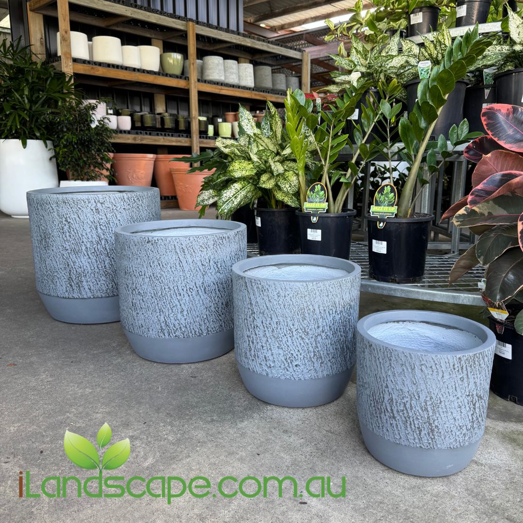 Set of textured gray planters on a concrete floor with plants and shelves in the background, featuring iLandscape.com.